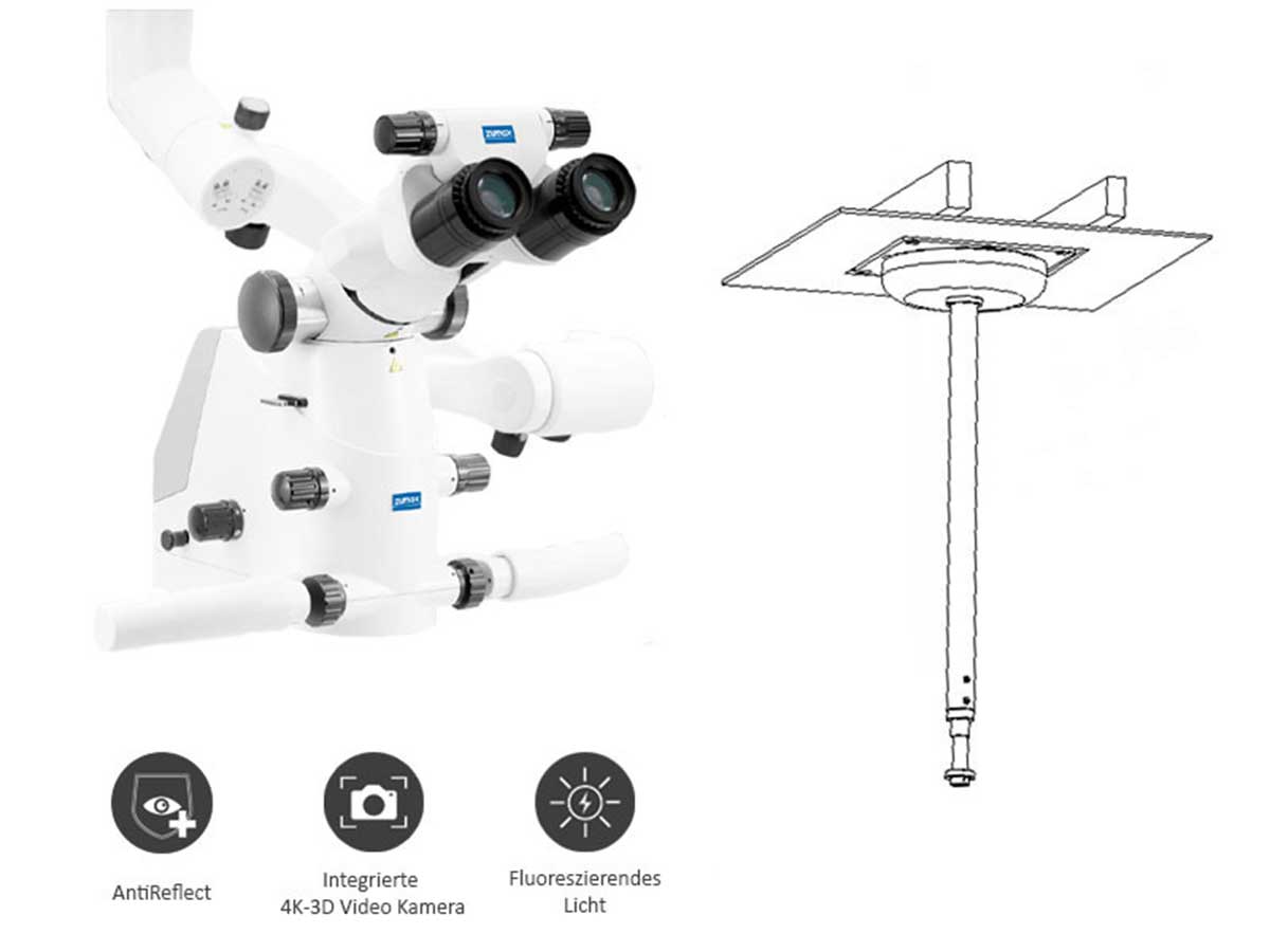 Mikroskop Komfort-Zoom (OMS2380 R2) inkl. 4K 3D Video Kamera, Anti Reflect Modul, Fuorescent Modul - Deckenhalterung