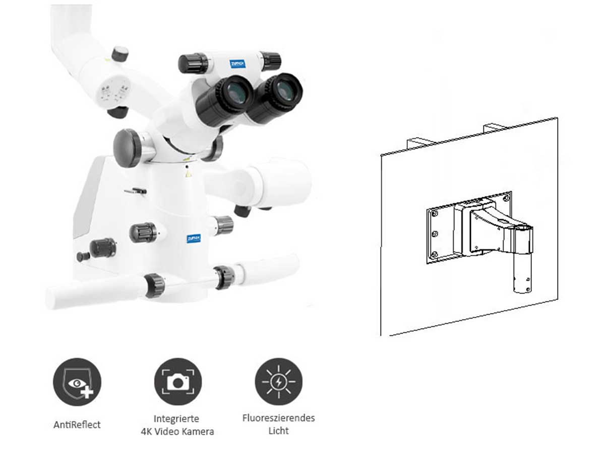 Mikroskop Komfort-Zoom (OMS2380 R2) inkl. 4K Video Kamera, Anti Reflect Modul, Fluorescent Modul - Wandhalterung